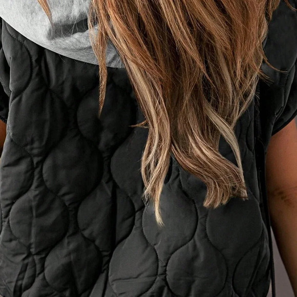 Black Boho Women's Quilted Cozy Warm Free Style Drawstring Hooded Puffer Vest - Picture 4 of 4
